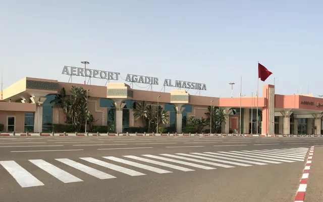 Main entrance of Agadir Al-Massira airport — the unavoidable starting point for any surf trip to Taghazout, Tamraght or Imsouane