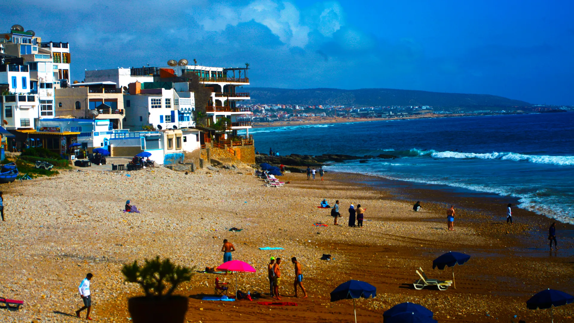 The Taghazout corniche from above — the Taghazout Bay zone where the Hyatt Place sits is 5 km south of the historic village