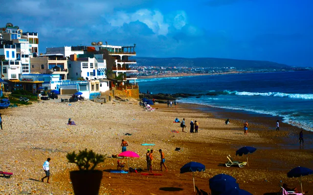 The Taghazout corniche from above — the Taghazout Bay zone where the Hyatt Place sits is 5 km south of the historic village